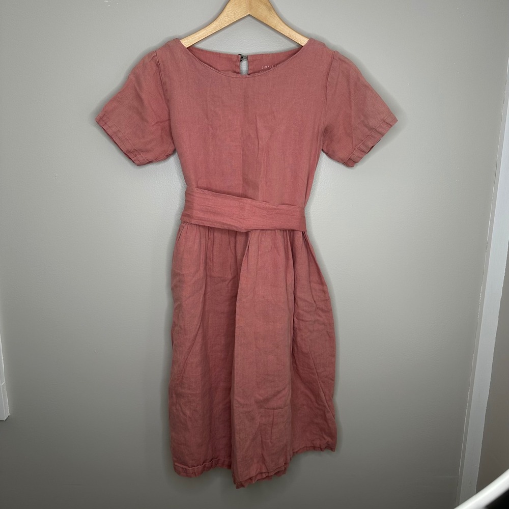 Simply Grey‎ Women's XS Pink Linen Midi Dress Tie Waist Pockets Short Sleeve